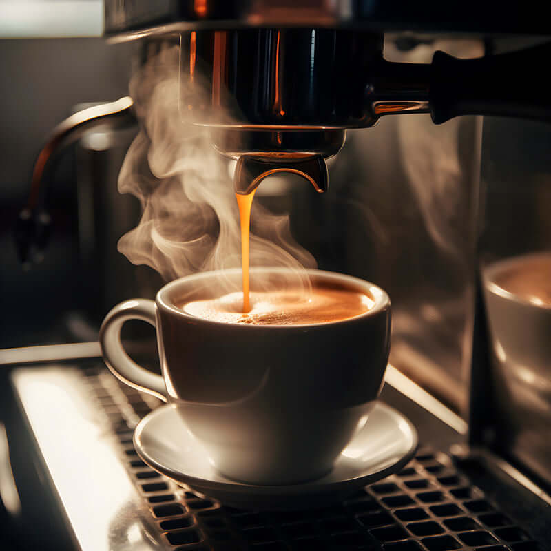 A close-up of hot coffee made from True Delicious Coffee Beans for Espresso 1lb bag pouring into a white cup, with steam rising from the freshly brewed espresso.