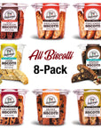 True Delicious All Flavors Biscotti 8-Pack features eight clear tubs of handcrafted, non-GMO biscotti—chocolate, almond, anise, orange, cranberry, chocolate hazelnut, and pistachio—arranged on a white background.