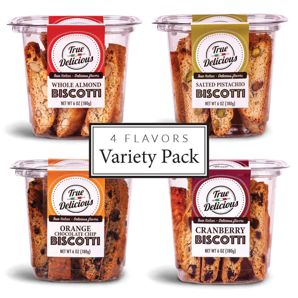 True Delicious Biscotti - 4 Flavors Variety Pack features four clear containers of artisanal biscotti: whole almond, salted pistachio, orange chocolate chip, and cranberry. Made from an authentic Italian recipe.