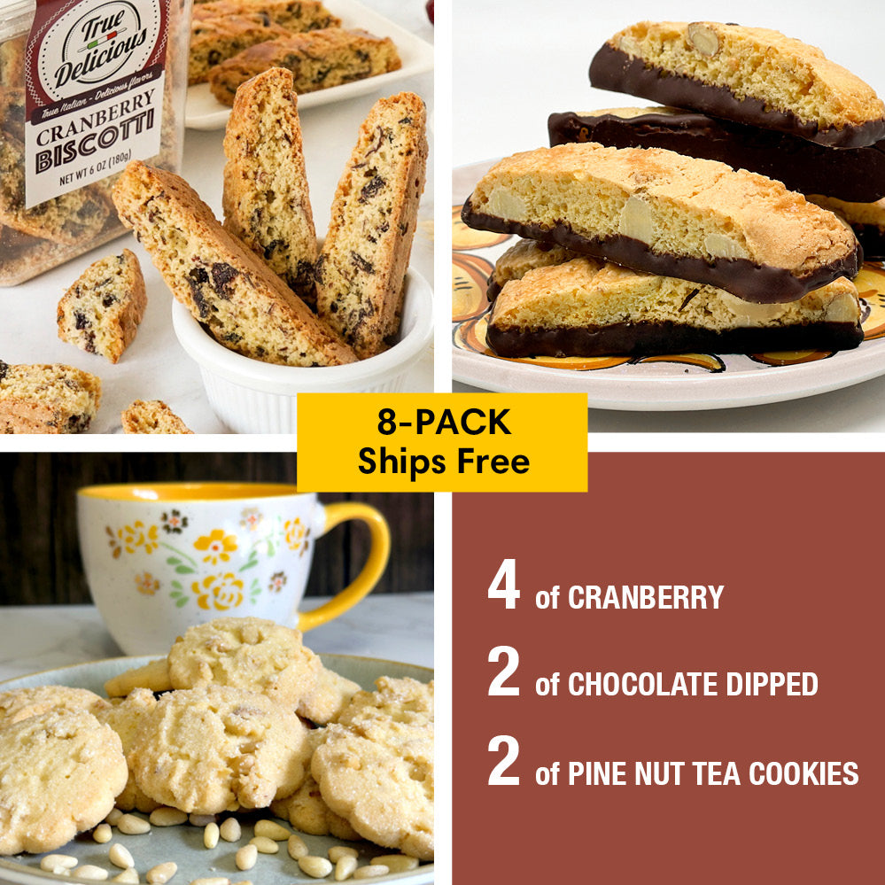 A collage features True Delicious cookies—cranberry biscotti, chocolate-dipped biscotti, and pine nut tea cookies—with a cup. Text: Bundle of the Month by True Delicious—8-pack (4 cranberry, 2 chocolate-dipped, 2 pine nut) Ships Free.