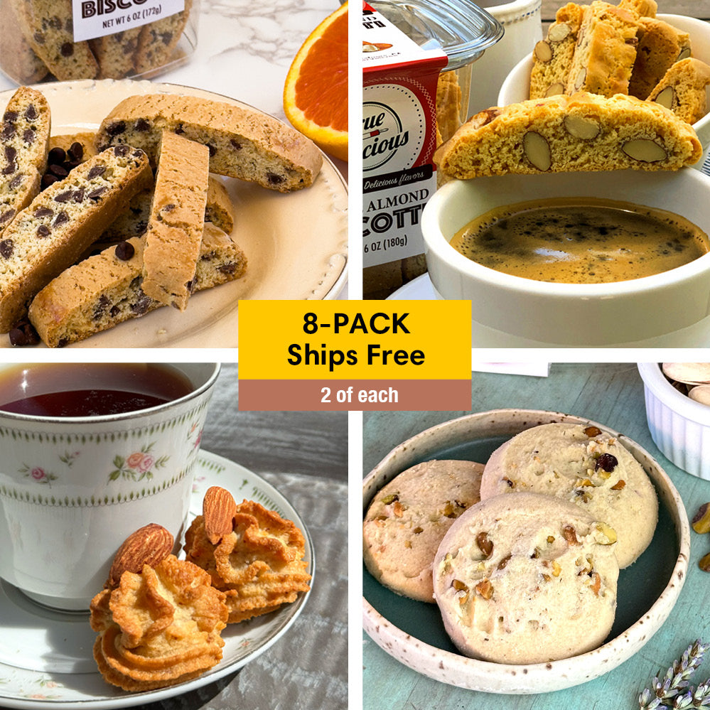 A collage showcases True Delicious's "Bundle of the Month"—chocolate chip biscotti, almond biscotti with espresso, almond cookies with tea, and pistachio cookies. Banner: “8-PACK Ships Free, 2 of each.”.