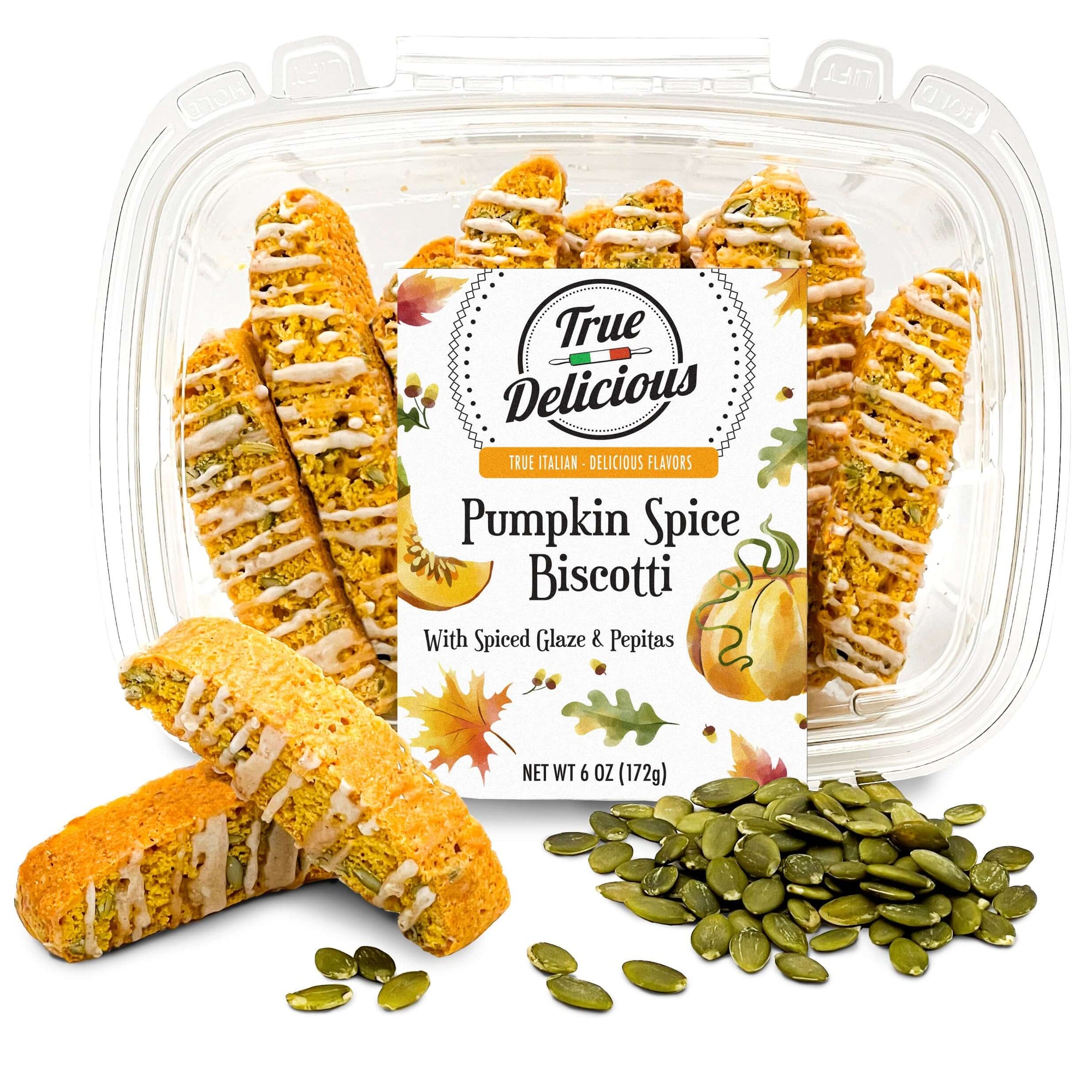 Pumpkin Spice Biscotti with Glaze & Pepitas - True Delicious | Authentic Italian Desserts