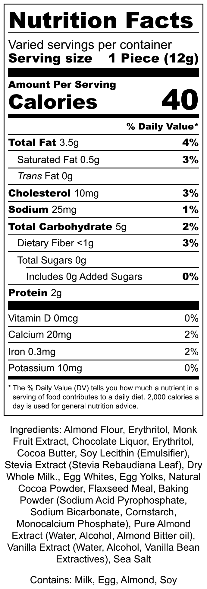 Nutrition facts label for True Delicious Sugar Free Chocolate Biscotti: 1 piece (12g) has 40 calories, 3.5g fat, 1g carbs, and 1g protein; contains milk, egg, almond, soy. Full ingredient and nutrition details provided on the label.
