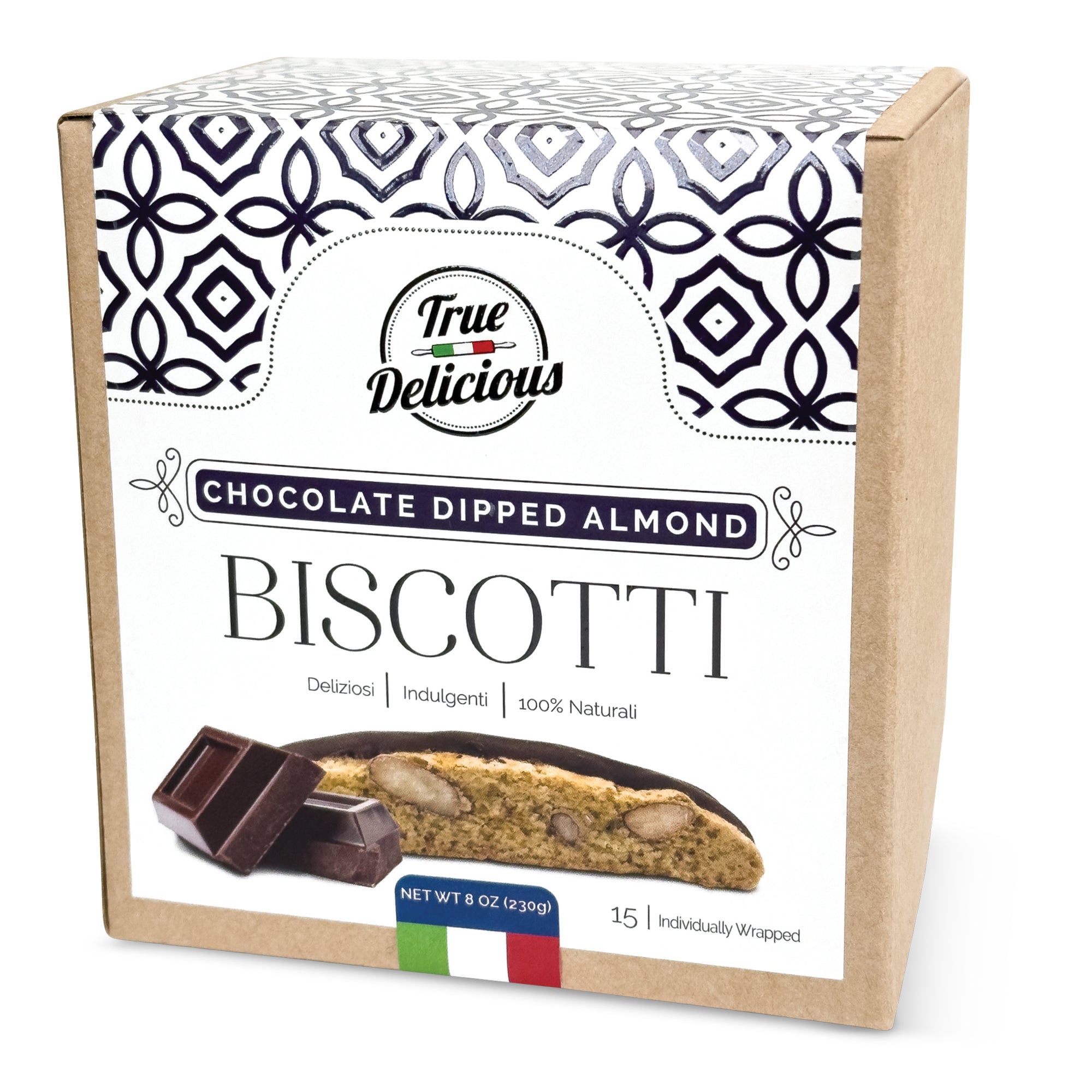 Elegant Box Chocolate Dipped Almond Biscotti Individually Wrapped - True Delicious | Authentic Italian Desserts