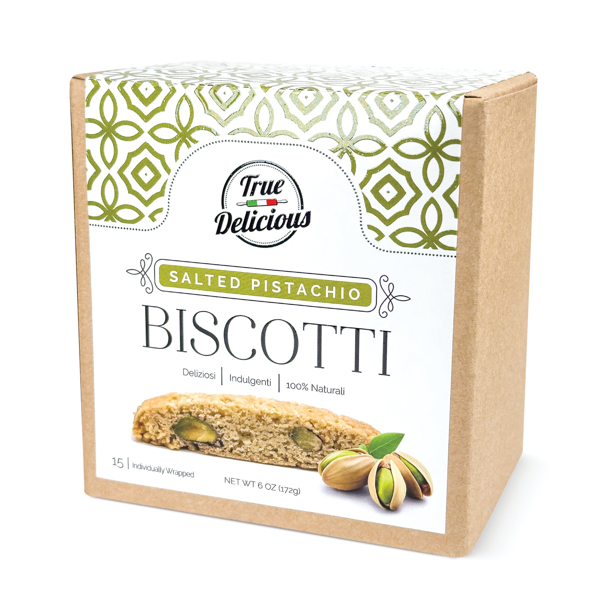 Elegant Box Salted Pistachio Biscotti Individually Wrapped - True Delicious | Authentic Italian Desserts