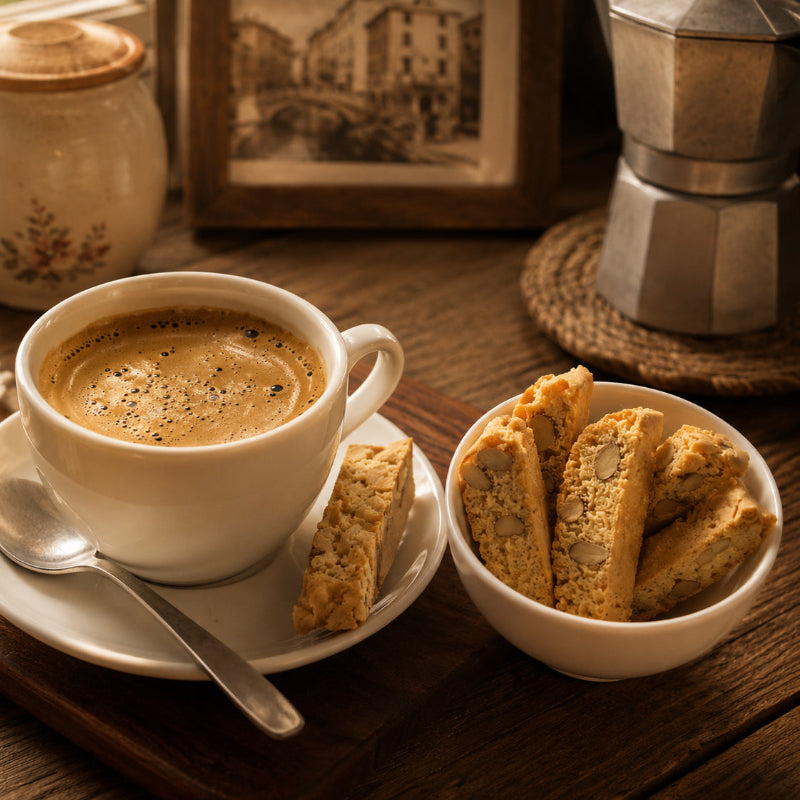 A white ceramic cup of espresso on a saucer with a spoon, served with biscotti cookies in a small white bowl on a rustic wooden table. A moka pot, a cream-colored ceramic jar, and a framed picture are visible in the background.