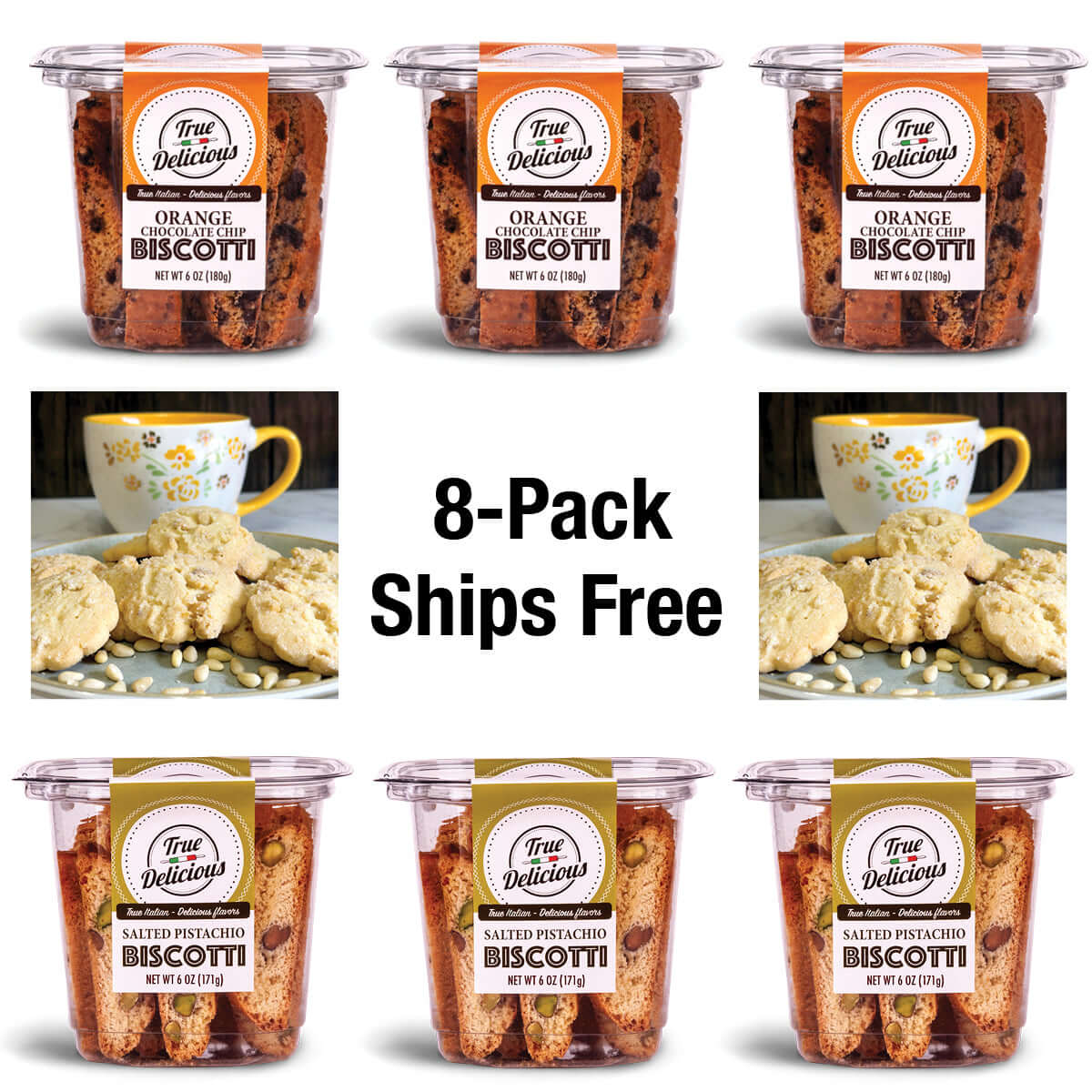 Eight True Delicious Bundle of the Month boxes (orange & salted pistachio) surround a “8-Pack Ships Free” sign, showcasing locally sourced ingredients. Includes images of biscotti and a tea cup.