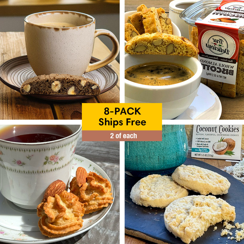 A collage of four images features True Delicious's Bundle of the Month with hot drinks. Center text reads 8-PACK Ships Free, 2 of each. Each non-GMO treat pairs perfectly with coffee or tea for a delightful snack experience.