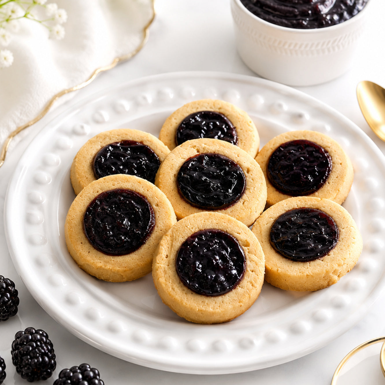 A white plate holds seven True Delicious Blackberry Jam Cookies, each with a center of dark berry jam. Blackberries, a gold spoon, white napkin, and a bowl of extra jam complete the setup for enjoying these buttery cookies.