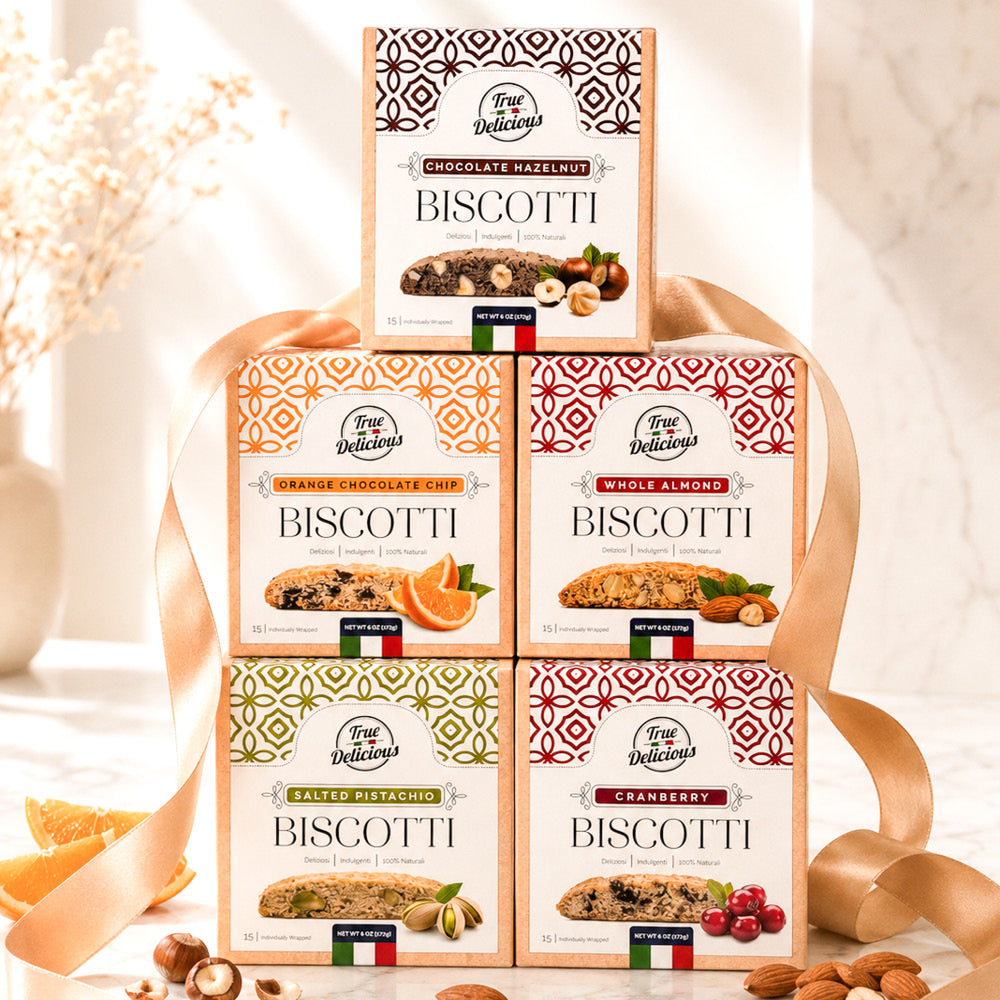 The Elegant Biscotti Gift Collection by True Delicious features 5 flavors stacked in a ribbon-wrapped pyramid—perfect for non-GMO biscotti lovers.