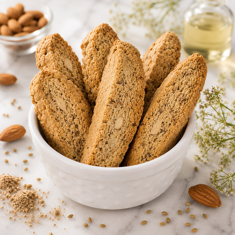 True Delicious Sugar Free Anise Biscotti standing upright in a white bowl, studded with whole almonds, surrounded by scattered anise seeds, whole almonds, and sprigs of anise flowers on a white marble surface.