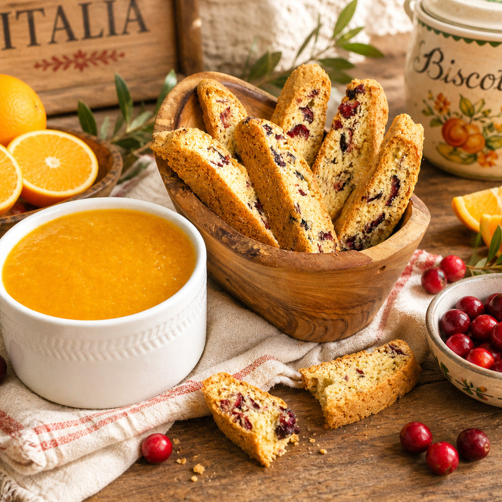 A wooden bowl of True Delicious Cranberry Orange Biscotti - Special Batch sits next to orange sauce, cranberries, orange slices, and a biscuit tin on a rustic table—creating the perfect handcrafted biscotti moment.